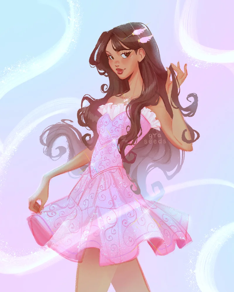 Illustration of Noelle in a pink sparkly dress